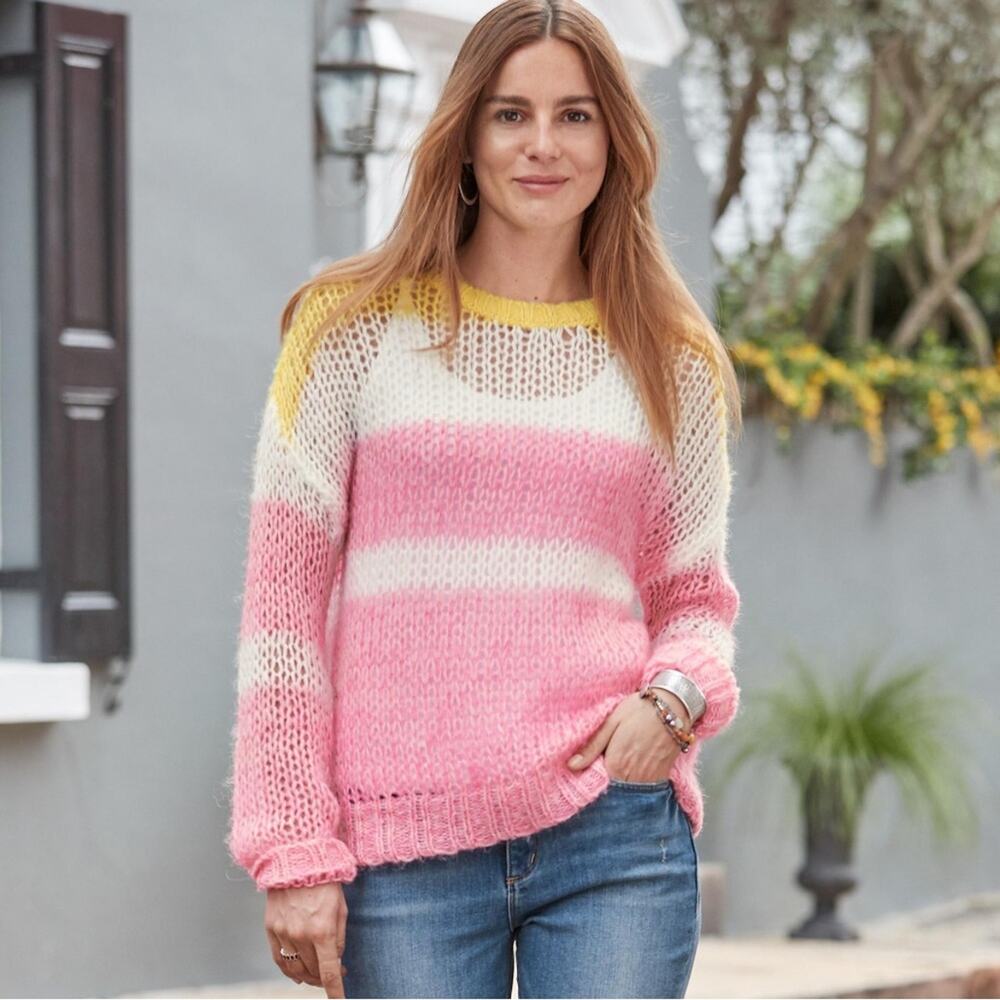 Sundance | Women’s Julia Stripe Pullover Lightweight Open Knit Crocheted Sweater
